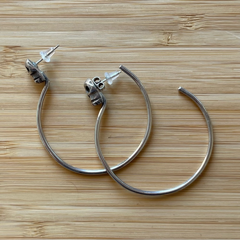 Skull Stud Hoop Earrings Sterling Silver 2” - Picture 4 of 8
